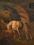 19th Century English School, horses feeding in a barn with a dog and chickens, oil on canvas, 10