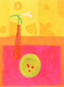 Janet Golphin, Cherries on a plate, mixed media, signed and dated '02, labels verso, 34.25