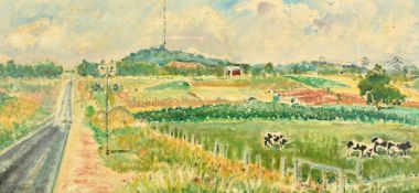 Impressionist School, possibly American, Cattle in a field next to a straight track, route 78, oil