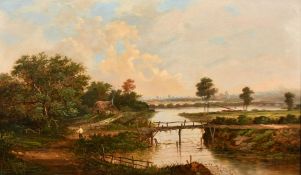 Attributed to Walter Williams (1834-1906) British, a wayfarer approaching a cottage by a river,