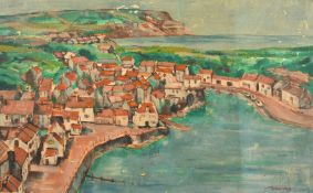 Modern British School, A harbour view and beyond the sea and headland, possibly Wales, oil on canvas