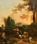 18th Century, Manner of Berchem, wayfarers and livestock on a country path, oil on canvas, 31