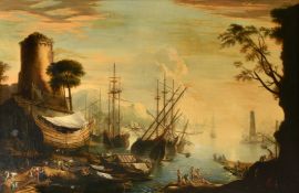 Manner of Claude Vernet, A busy harbour scene with ships, figures bathing, tradesmen and figures