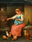 V. Cappa (19th Century) Italian, A woman seated on a stone ledge feeding chickens, oil on canvas,