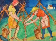 Max Burchartz (1887-1961) German, Female workers in a field at harvest time, watercolour, dated,