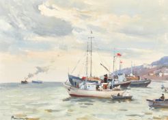 Viktor Vasin (b. 1919) Russian, fishing boats in a harbour, oil on board, signed, 19.5
