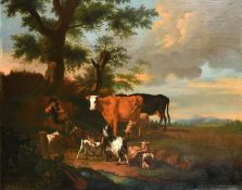 Manner of Nicolaes Berchem, The Resting Place, a herdsman sitting on a bank under trees resting