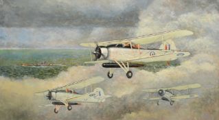 Kenneth Child (21st Century), Three WW2 Swordfish escorting a war ship, acrylic on board, signed and