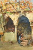 Italian School (late 19th Century) A lady washing clothes under a pergola, watercolour, indistinctly