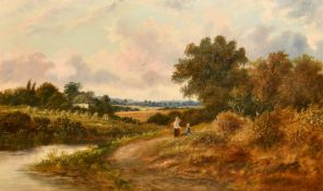 James Edwin Meadows (1828-1888) British, female figures resting by a riverside pathway, oil on