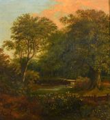 19th Century School, A wooded scene with a bridge over a stream, oil on board, 9.5