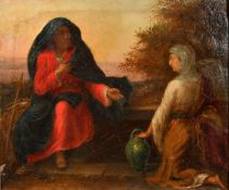 19th Century English School, figures by a well at dusk, along with a portrait of a man holding a