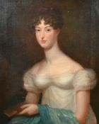 Early 19th Century, a portrait of a lady with a blue sash, oil on canvas, 30