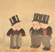 Chloe Preston, 'The new boy', schoolboys with the silhouette of a school behind, possibly Eton,