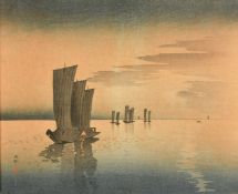Ohara Koson, Boats on a calm sea at night, colour woodblock, signed and with a red seal, 7.5