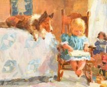 Alexander Belkin (b. 1946) Russian, 'Her First Book', oil on board, 10.75