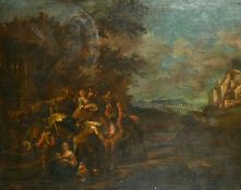 18th Century School, Wayfarers resting by buildings with a lake view beyond, oil on canvas, 30