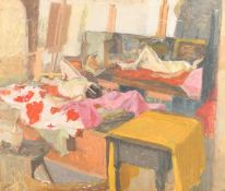 Circle of Ken Howard, two nude models resting in an artist studio, oil on panel attached to board,
