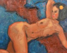 Kanwaldeep Singh Kang, signed Nicks (1964-2007) British, A reclining female nude with a flower in