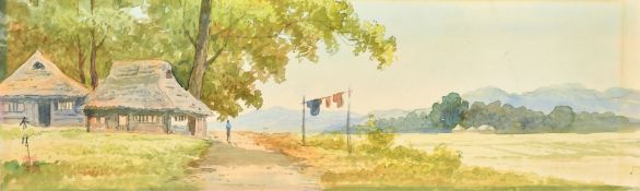 Japanese School (early 20th Century) A lady by a river and a figure on a country track,