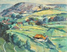 Modern British, A landscape with a village in a valley, oil on board, initialled, and with an