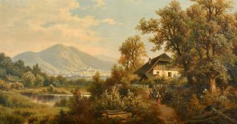 19th Century Austrian School, Figures on a path with a view of the town of Laa an der Thaya in the