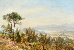 Attributed to Robert Porrett Collier (1817-1886) British, a mountain lake view, oil on card laid
