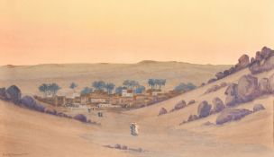 G.A.W. Lamond (20th Century), 'Kuror' a desert village, watercolour on board, 11.75