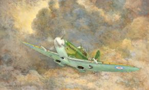 Kenneth Child (21st Century), A Spitfire climbing through a cloud, acrylic on board, signed and