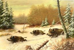 Karl-Hans Boese (b. 1919), wild boar running through snow at dusk, oil on canvas, signed, 23.5