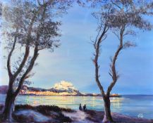 V... Lee (20th Century) European. A Continental Coastal Scene, with a hilltop fortification in the
