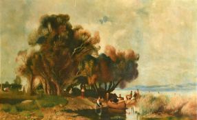 Kelemen (Early 20th Century), figures gathered by the water's edge, oil on canvas, signed, 29.5