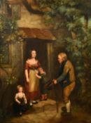 19th Century English School, figures gathered outside a cottage, oil on panel, 24