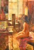 20th Century French, A female nude seated in an artist's studio, oil on canvas, signed, 36