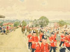 Ken Howard (1932-2022) British, A parade with crowds lining the streets, watercolour, dedicated