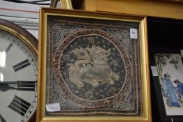 Two Thai metal thread embroidered pictures, framed and glazed.