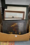 A box of paintings and prints.