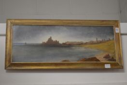 Coastal landscape with ruins in the distance, oil on board.