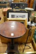 A small table, candle stand, gilt framed mirror and other items.