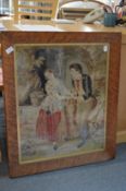 A Victorian wool work sampler of young lovers, in a maple frame.
