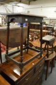 An oak side table, drop flap stool and a carved oak occasional table.