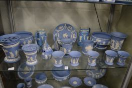 A good collection of Wedgwood pale blue jasperware to include bowls, jugs, vases etc.