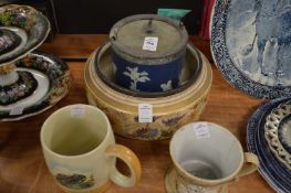 Jasperware biscuit barrel, a salad bowl and two tankards.