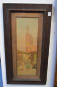 Arab market scene with figures, colour print in an oak frame.
