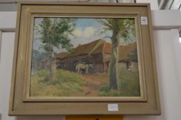 Rural scene with a horse by farm buildings, oil on canvas.