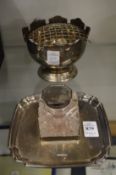 A silver and cut glass inkwell on stand together with a small silver rose bowl.