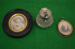 Two photographic miniatures and a silver topped mustard pot.