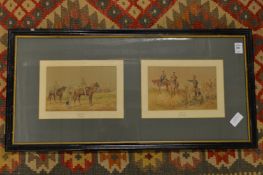 A good set of six military figures on horseback, each depicting a pair of colour prints, framed