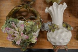 Continental floral encrusted wall pocket and similar vase.