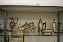 Plated three piece tea service and other plated items.